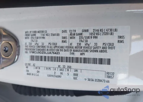 2020 Ford Escape Titanium z USA, uszkodzony, nr VIN 1FMCU9DZ0LUA76423